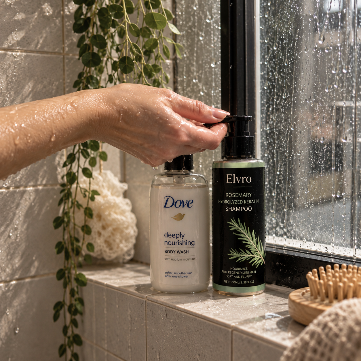 Hand pressing the ELVRO shampoo bottle in the shower