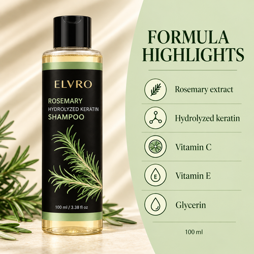 ELVRO Rosemary Hydrolyzed Keratin Shampoo — ingredients packaging mockup